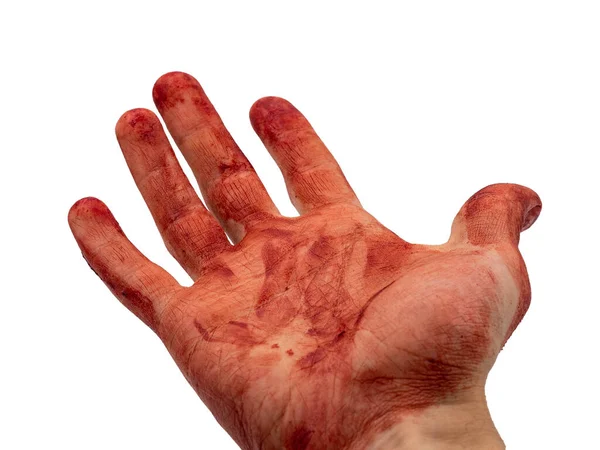 Hombre Extiende Una Mano Cubierta Sangre Mostrando Una Sucia Palma — Foto de Stock