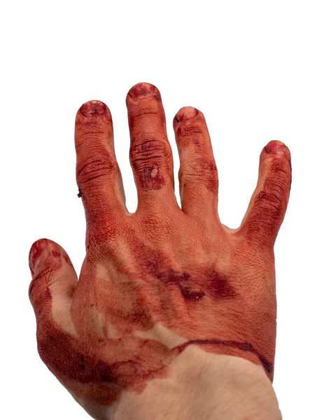 Mano Los Dedos Del Hombre Están Cubiertos Gotas Salpicaduras Sangre — Foto de Stock