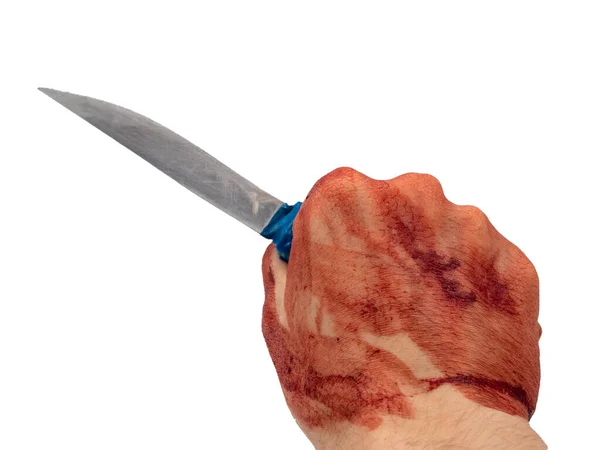 Egy Férfi Véres Kézzel Tart Egy Házi Készítésű Kést Egy — Stock Fotó