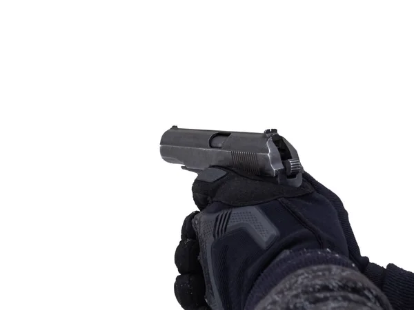 Male Police Officer Tactical Black Gloves Holds Gun His Hands — Stock Photo, Image