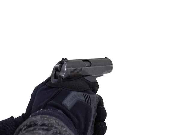 Male Police Officer Tactical Black Gloves Holds Gun His Hands — Stock Photo, Image