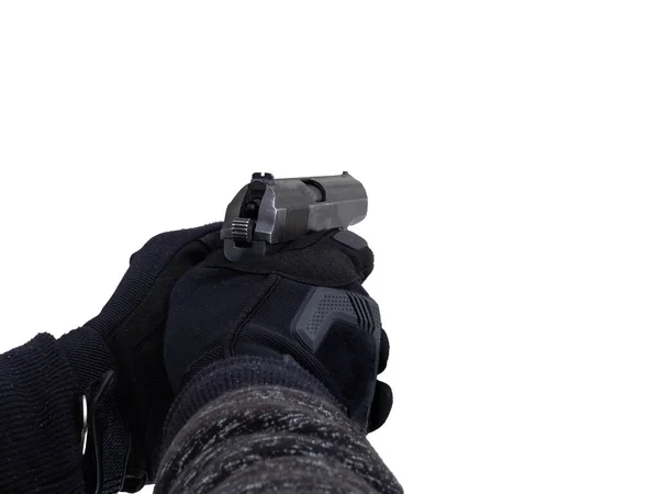 Male Police Officer Tactical Black Gloves Holds Gun His Hands — Stock Photo, Image
