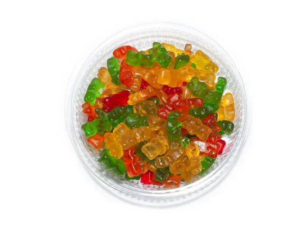 Marmelada Colorida Ursos Suporte Plástico Recipiente Isolado Fundo Branco — Fotografia de Stock