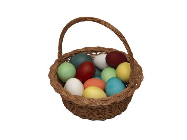 Hasır bir ahşap sepetin içinde rengarenk, kaynamış tavuk yumurtası. Mutlu bir Ortodoks ya da Katolik Paskalyasının geleneksel unsurları.