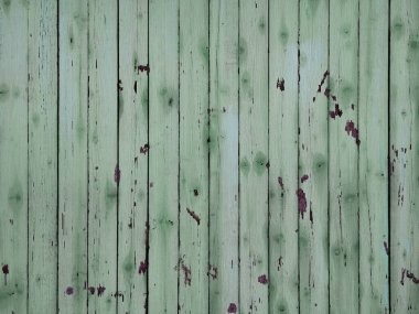 Eski soluk yeşil ahşap bir çitin arka planı. Kirli, hırpalanmış, dallı, ıslak bir tahta parçası..