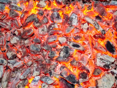 Kamp ateşinde yanan kömürün detaylı dokusu. Şöminede yanan közlerin arka planı. Yakacak odundan barbekü kömürü. Mangalda çevre dostu organik yakıtı ateşleyin..