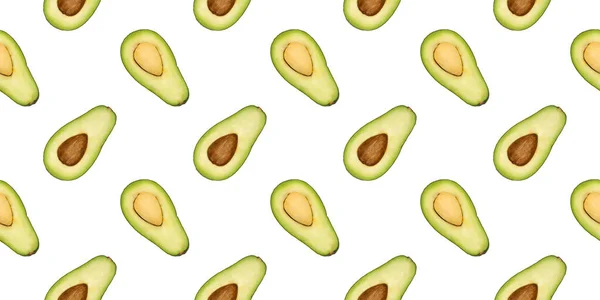 Tăiat Verde Jumătate Avocado Piatră Fundal Alb Model Fără Sudură — Fotografie, imagine de stoc