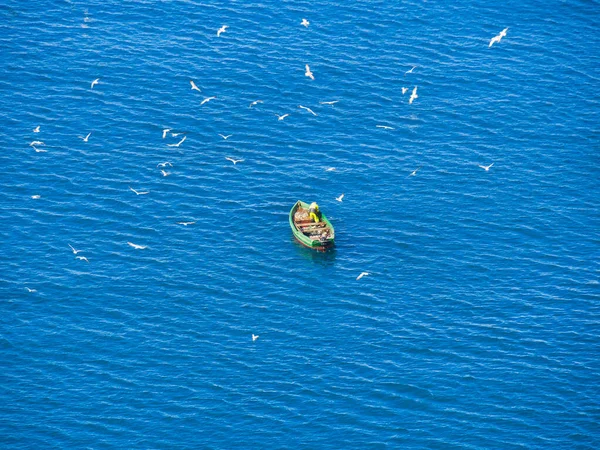Одинокая Лодка Промышленными Рыбаками Открытом Море Стержнем Сетями Концепция Браконьерства — стоковое фото