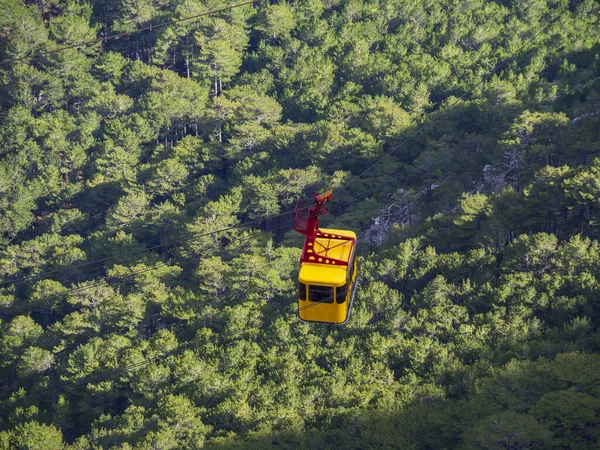 Sarı füniküler yolcu taksisi, turistleri yeşil bir ormanın arka planında teleferikle kaldırıyor. Parlak, yaz kontrastı fotoğrafı. Yakın çekim, üst görüş. Kırım, Ai-Petri platosundan bir dağ..