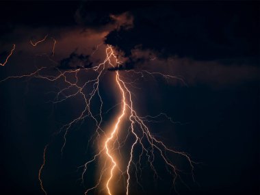 Kara gökyüzüne karşı birçok yıldırım var. Fırtınanın uzun pozlu gece fotoğrafı, yakın çekim. Birkaç karenin birleşik görüntüsü. Uzayı kopyala, tasarım ve kaplama için bir efekt.