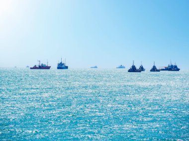 Boş kargo gemileri Novorossiysk, Tsemesskaya Körfezi 'nde yükleme için sırada bekliyor. Denizde bir sürü sanayi gemisi var..