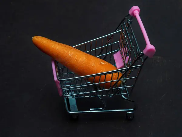 Egy Narancssárgarépa Fekszik Egy Kis Bevásárlókocsiban Kerti Zöldségek Egy Játék — Stock Fotó