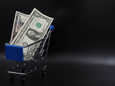 Para, banknotlar, alışveriş arabasında dolar. İndirim, satış, ticaret, online siparişler.