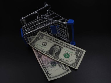Para, banknotlar, alışveriş arabasında dolar. İndirim, satış, ticaret, online siparişler.