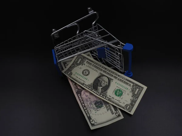 Geld Bankbiljetten Dollars Een Winkelwagentje Korting Verkoop Handel Online Bestellingen — Stockfoto