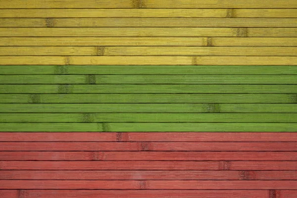 Litvanya Nın Ulusal Bayrağı Bambudan Yapılmış Ahşap Bir Duvarın Arka — Stok fotoğraf