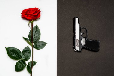 Siyah tabanca, beyaz arka planda kırmızı bir gülün yanında silah. Tutku ve nefret kavramı. Seçim siyah ya da beyaz..