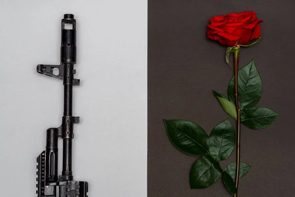 红色玫瑰旁边的一支白色背景的黑色自动步枪 激情和仇恨的概念 选择是黑人还是白人 — 图库照片