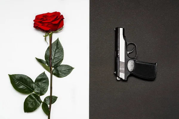 Black Pistol Gun Next Red Rose White Background Concept Passion — Stock Photo, Image