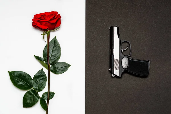 Black Pistol Gun Next Red Rose White Background Concept Passion — Stock Photo, Image