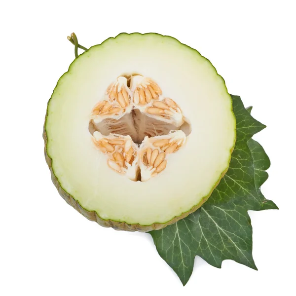 Ripe melon Pela de Sapo with green leaves  isolated on white bac — Stock Photo, Image