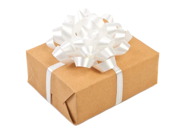 Gift box with white ribbon bow. Isolated on white — Stock Photo, Image