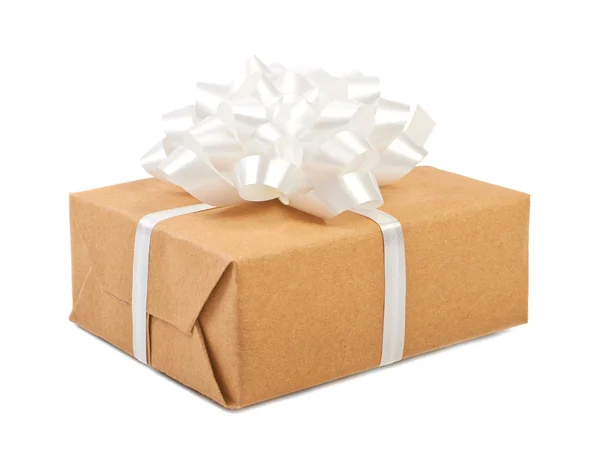 Gift box with white ribbon bow. Isolated on white — Stock Photo, Image