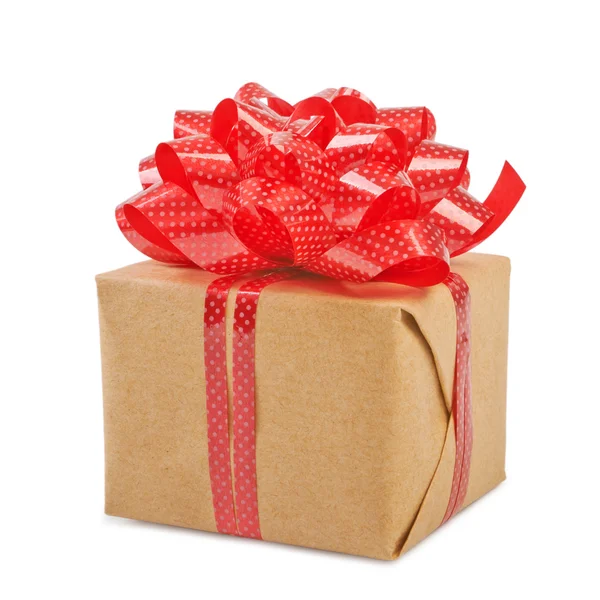 Gift box with red ribbon bow. Isolated on white — Stock Photo, Image