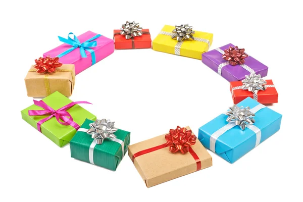 Collection set of rows colorful gift boxes with bows in the form — Stock Photo, Image