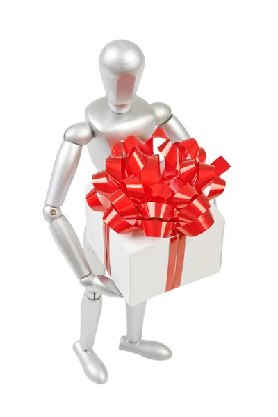 Silver marionette holding a white gift box with big red bow. Iso — Stock Photo, Image