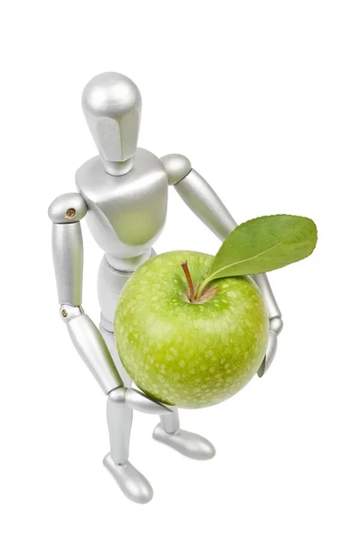 Silver mannequin human model with apple isolated on white backgr — Stock Photo, Image