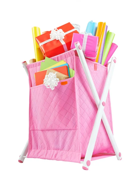 Textile container basket with colored paper for wrapping gifts i — Stock Photo, Image