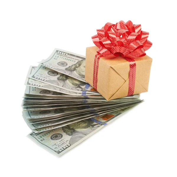 Hundred dollar bills and gift box — Stock Photo, Image