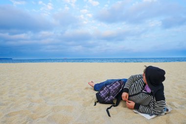 Young man tourist on the beach in Varna Bulgaria