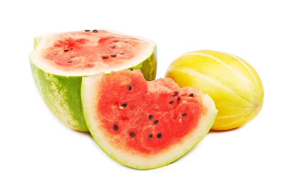 Half of ripe watermelon and melon fruit — Stock Photo, Image