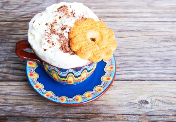 Hot cocoa drink cappuccino with whipped cream — Stock Photo, Image