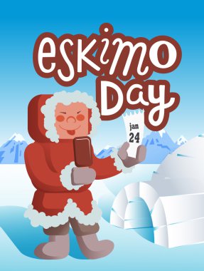 Cartoon eskimos character with ice cream in his hand with ice ho vector