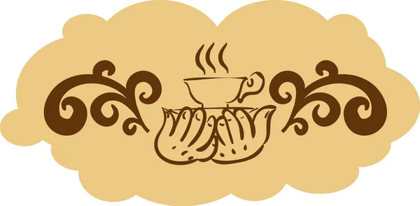 Coffee label with hands holds cup of coffee, decorative patterns — 图库矢量图片