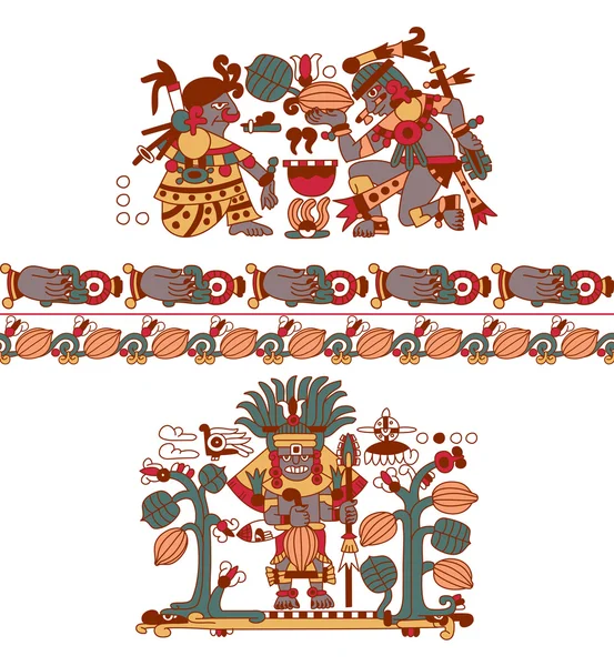 Aztec pattern cacao tree, mayans, cacao beans and decorative bo — Stock Vector