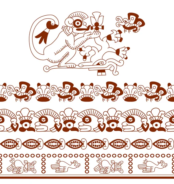 아즈텍 패턴 카카오 트리, 마야, 카카오 콩 및 장식 보르 — 스톡 벡터