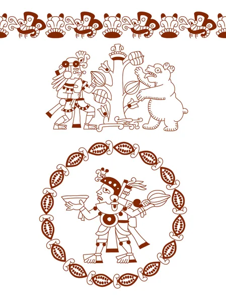 Szkic, rysunek aztec kakao fasoli, liści, stalówki, wzór — Wektor stockowy