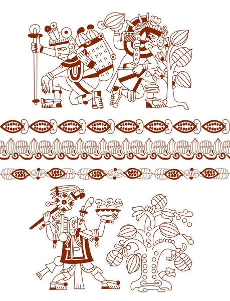 Gambar sketsa aztec biji kakao, daun, nibs, pola - Stok Vektor