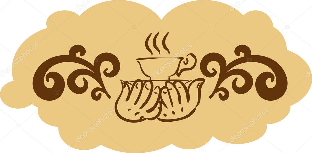 coffee label with hands holds cup of coffee, decorative patterns