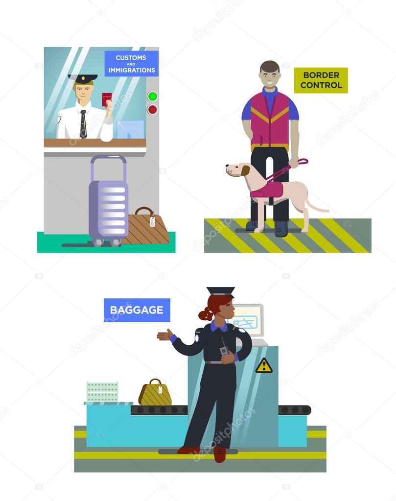 set with customs man with a dog, a woman officer checking luggag