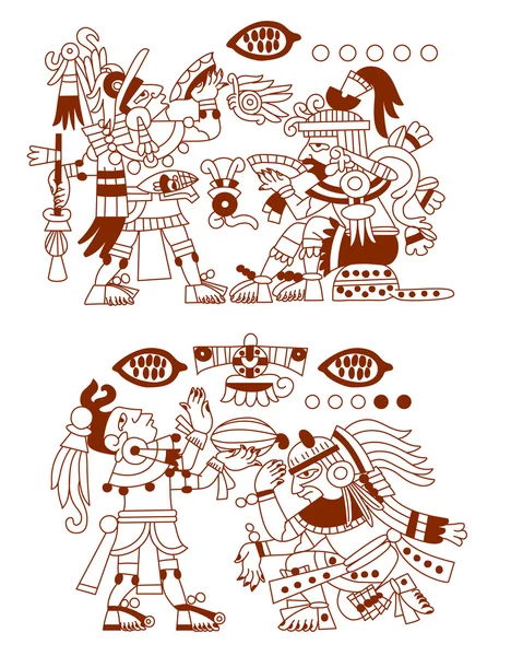 Schets tekening Azteekse cacao bonen, bladeren, nibs, patroon — Stockvector
