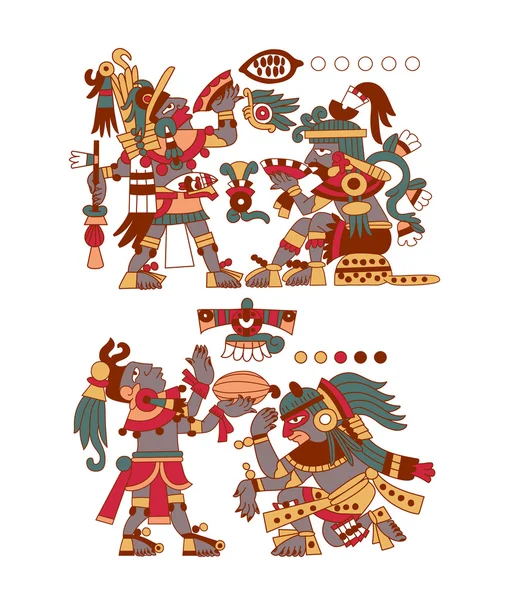 Ацтековий візерунок какао-дерево, майя, какао-боби жовті, червоні, сірі — стоковий вектор