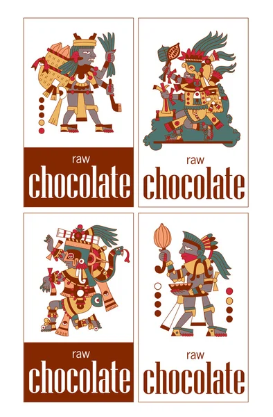 Motif contour maya, aztèque et cacao nibs, logo de l'étiquette de chocolat — Image vectorielle