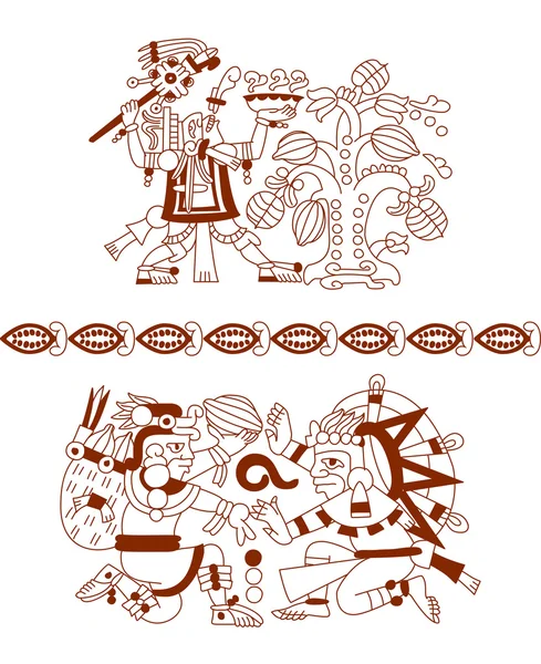 Schizzo disegno fagiolo di cacao azteco, foglie, pennini, modello — Vettoriale Stock