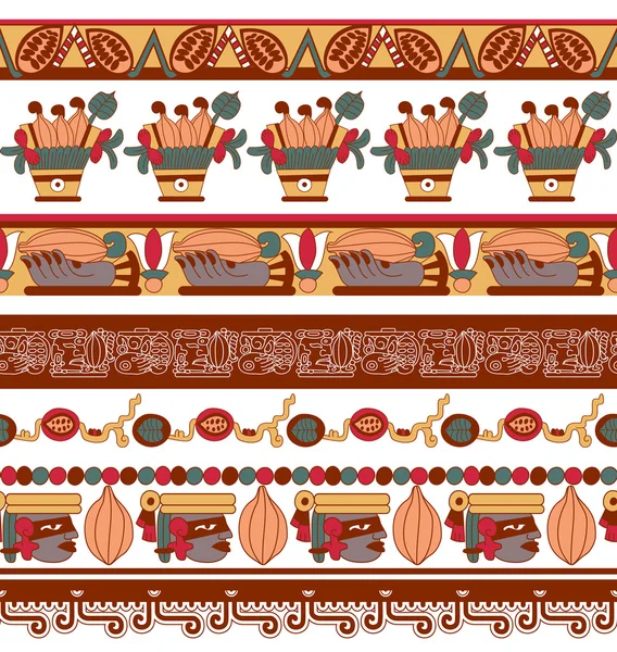 Conjunto patrón azteca árbol de cacao, mayas, granos de cacao y decorativo — Vector de stock