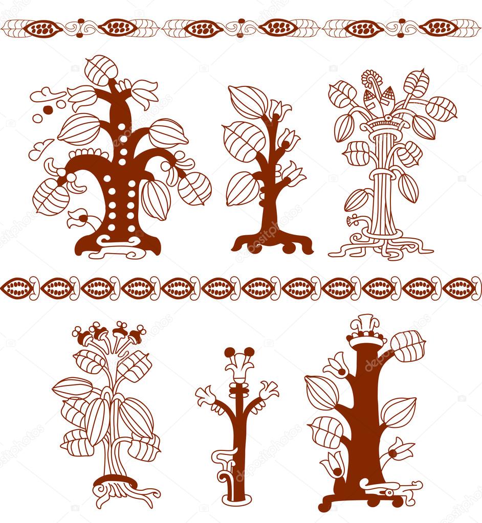 aztec cacao bean, leaves, nibs trees set with decorate borders o